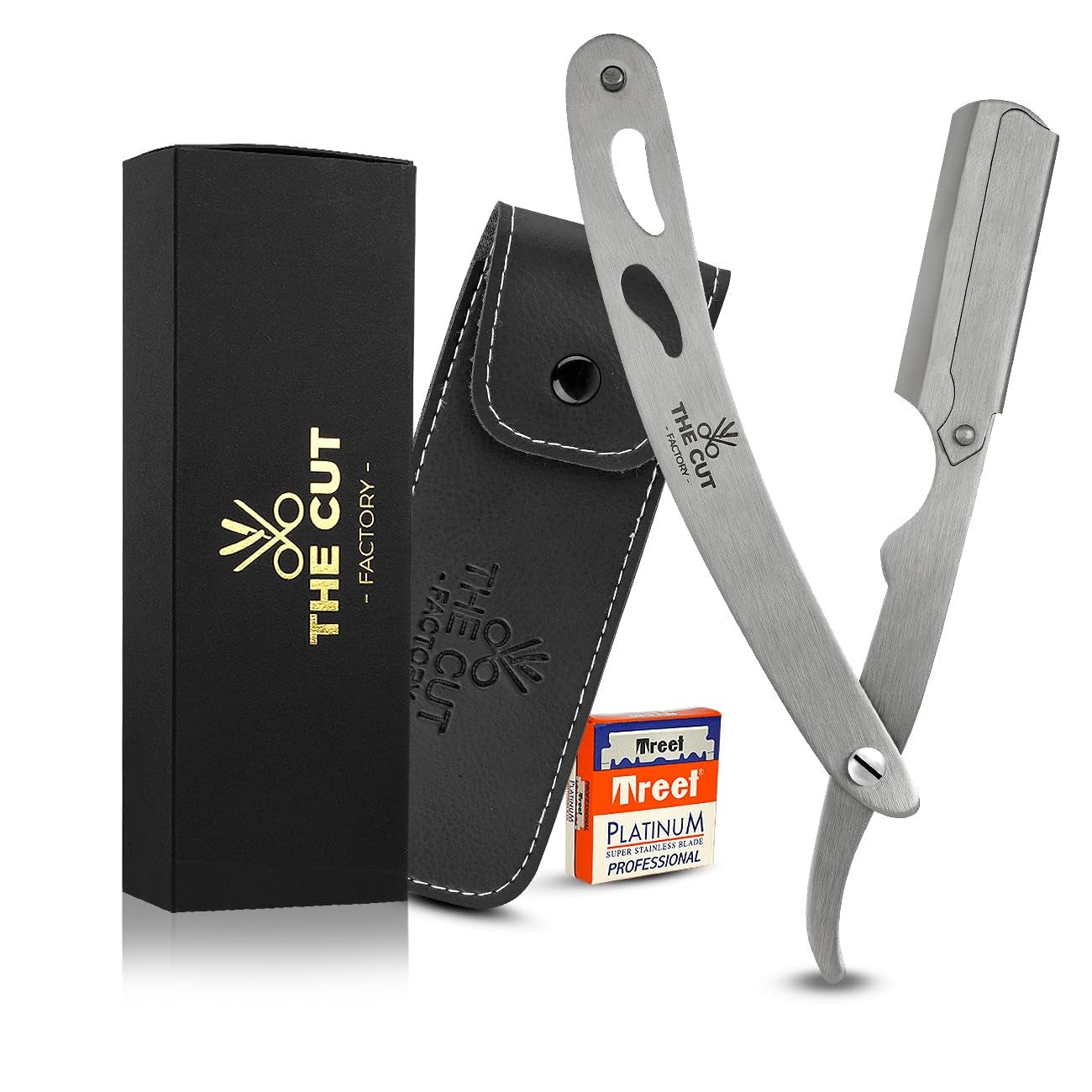 The Cut- Factory- Straight Razor with Pack of Platinum Treet Single Blade Razors for Men- Professional Barber Straight Edge Razor for Close Shaving 100 Percent Stainless Steel-Black