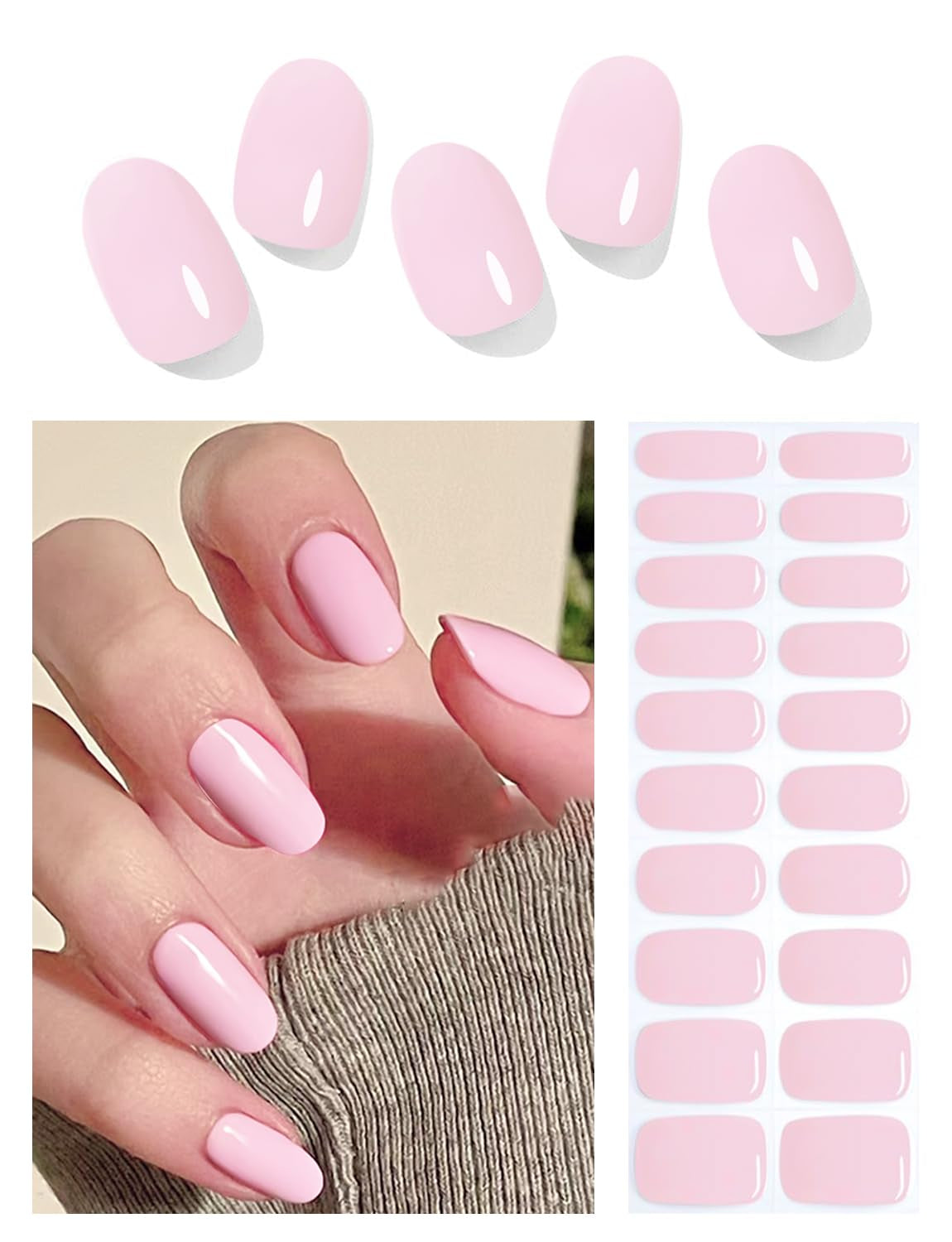 Semi Cured Gel Nail Strips, Classic French 20Pcs Semi Cured Gel Nails Sticker, Gel Nail Wraps UV for Home Nails DIY (Nude Transparent)