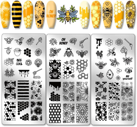 3Pcs Honeycomb Nail Stamping Plates, Spring Bee Honey Nail Stamper Sunflower Nail Art Stencils Print Nail Stencils Stainless Steel Nail Image Plate for Nail Art Design Manicure Salon