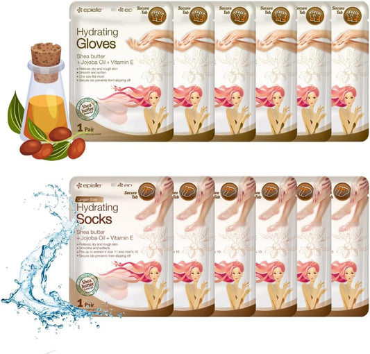 Hydrating Hand & Foot Masks (Glove & Socks 12Pk) for Dry Hand, Dry & Cracked Heel | Spa Day | Shea Butter + Jojoba Oil + Vitamin E, Beauty Mothers Day Gifts