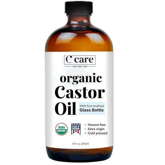 Castor Oil Organic Cold Pressed Unrefined Glass Bottle USDA Certified 100% Pure Organic Castor Oil Hexane Free Extra Virgin for Hair Growth Eyebrows Eyelashes Skin Use with Castor Oil Pack Wrap