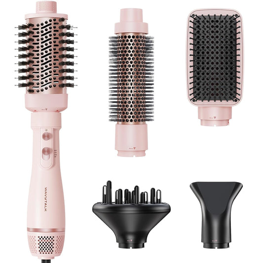 Hair Dryer Brush Set, 5-In-1 Blow Dryer Brush with Oval Blowout Brush, Blowout Thermal Brush, Paddle Brush, Concentrator and Diffuser for Fast Drying and Styling in One Step, Pink