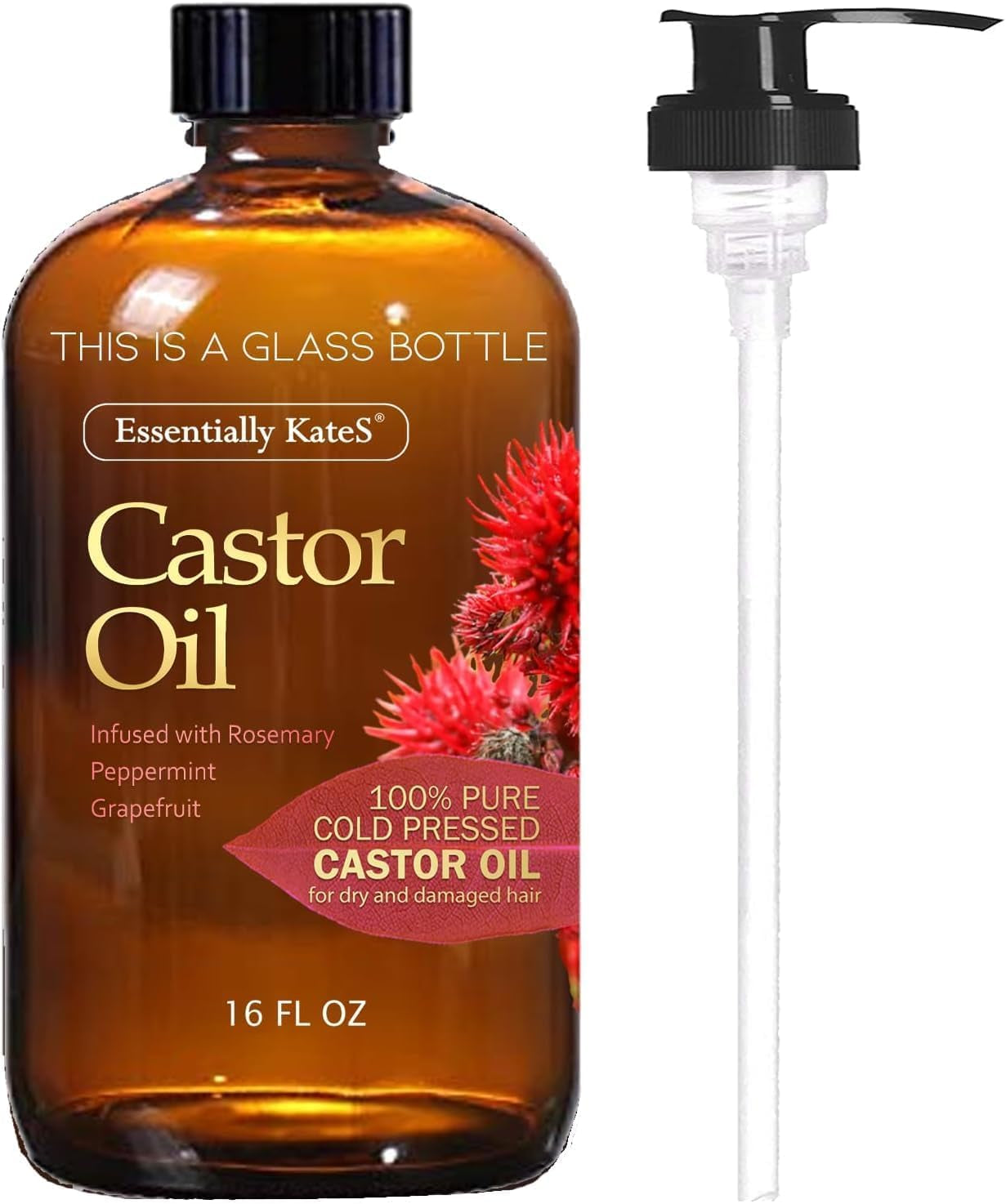 Castor Oil 16 Fl Oz (Glass Bottle) - Original Unrefined - a Huge Glass Bottle with a Pump - 100% Pure and Natural, Cold Pressed, and Hexane-Free - Hair Oil, Body Oil