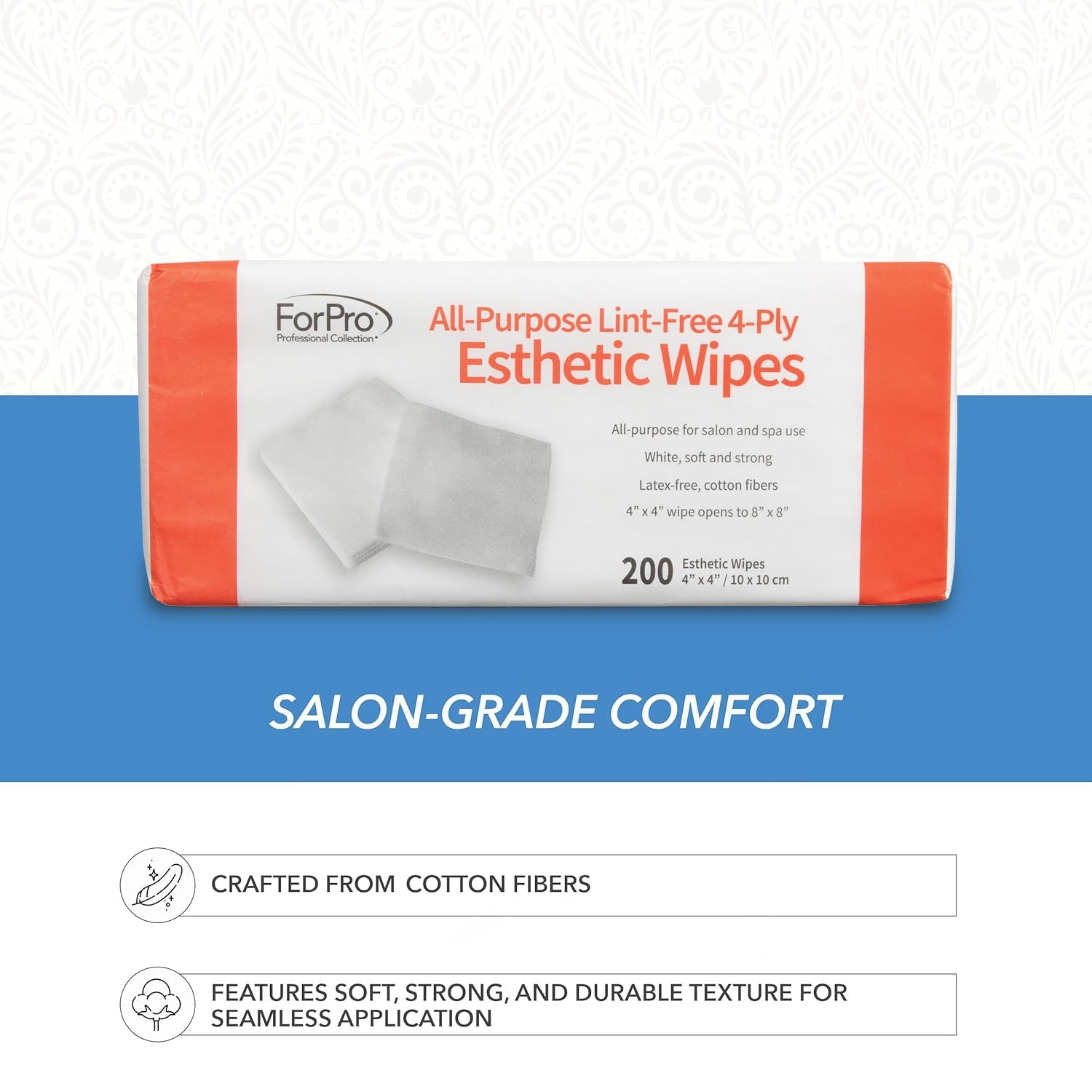 All-Purpose Lint-Free 4-Ply Esthetic Wipes, Non-Woven, for Salon and Spa Use, Soft, Strong and Durable, Latex-Free, 4" X 4", 200-Count