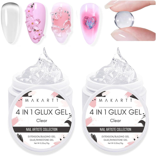 Solid Gel Builder-4 in 1 Nail Extension 3D Sculpting Gel UV Nail Glue for Acrylic Nails Rhinestones Gel Molding Gel Hard Gel for Nails UV/LED Nail Lamp Required Clear 15ML 2 Bottles