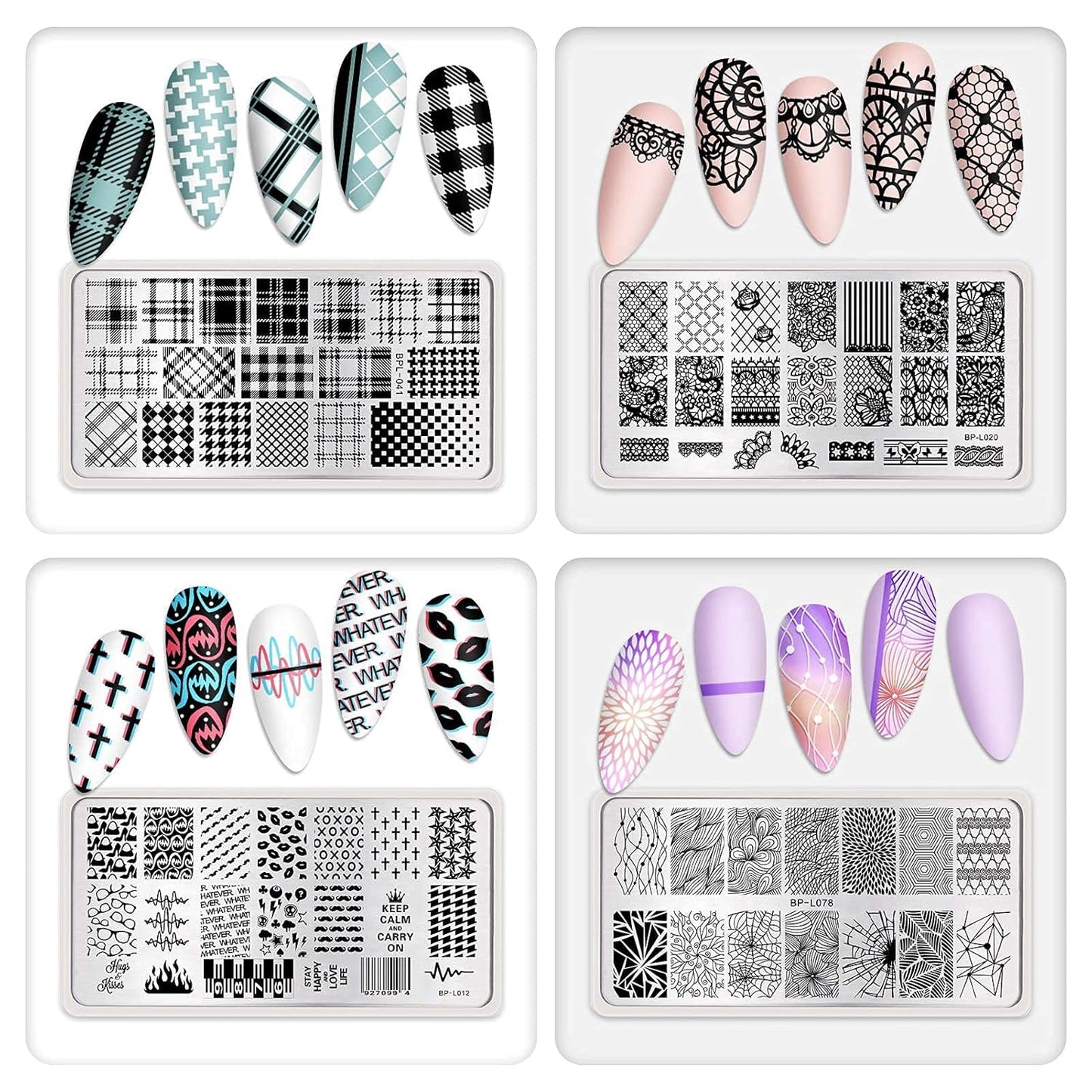 Nail Stamping Plates Set Plaid Flowers Leaves Lace Nail Art Image Plates Spring into Winter Stamp Templates Kit Image Manicuring DIY Printing Tools 8PCS