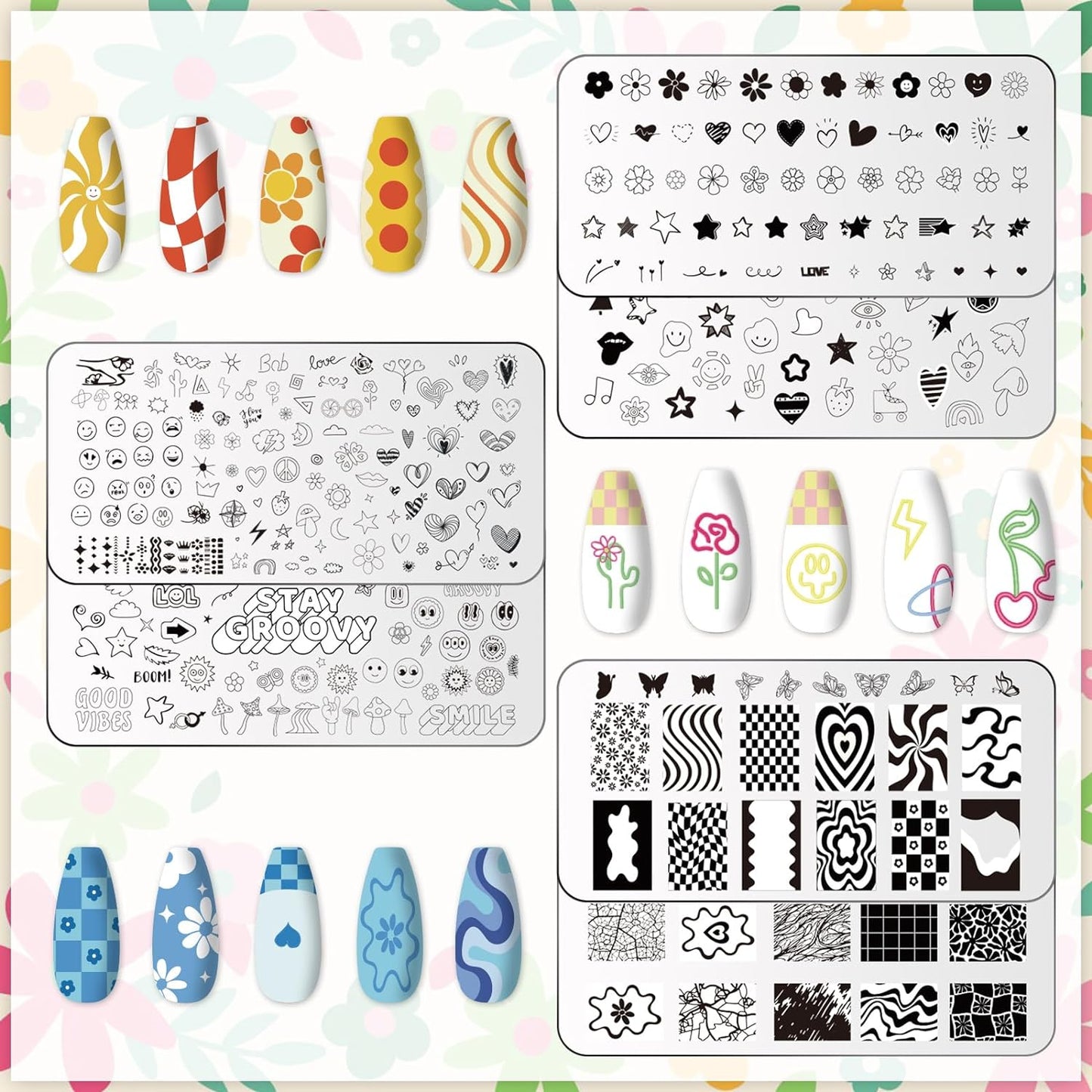 6Pcs Preppy Nail Plates Stamping Set Heart Flower Butterfly Star Smiling Stamp Templates Groovy Nail Art Plates for DIY Print Manicure Salon Design Gift