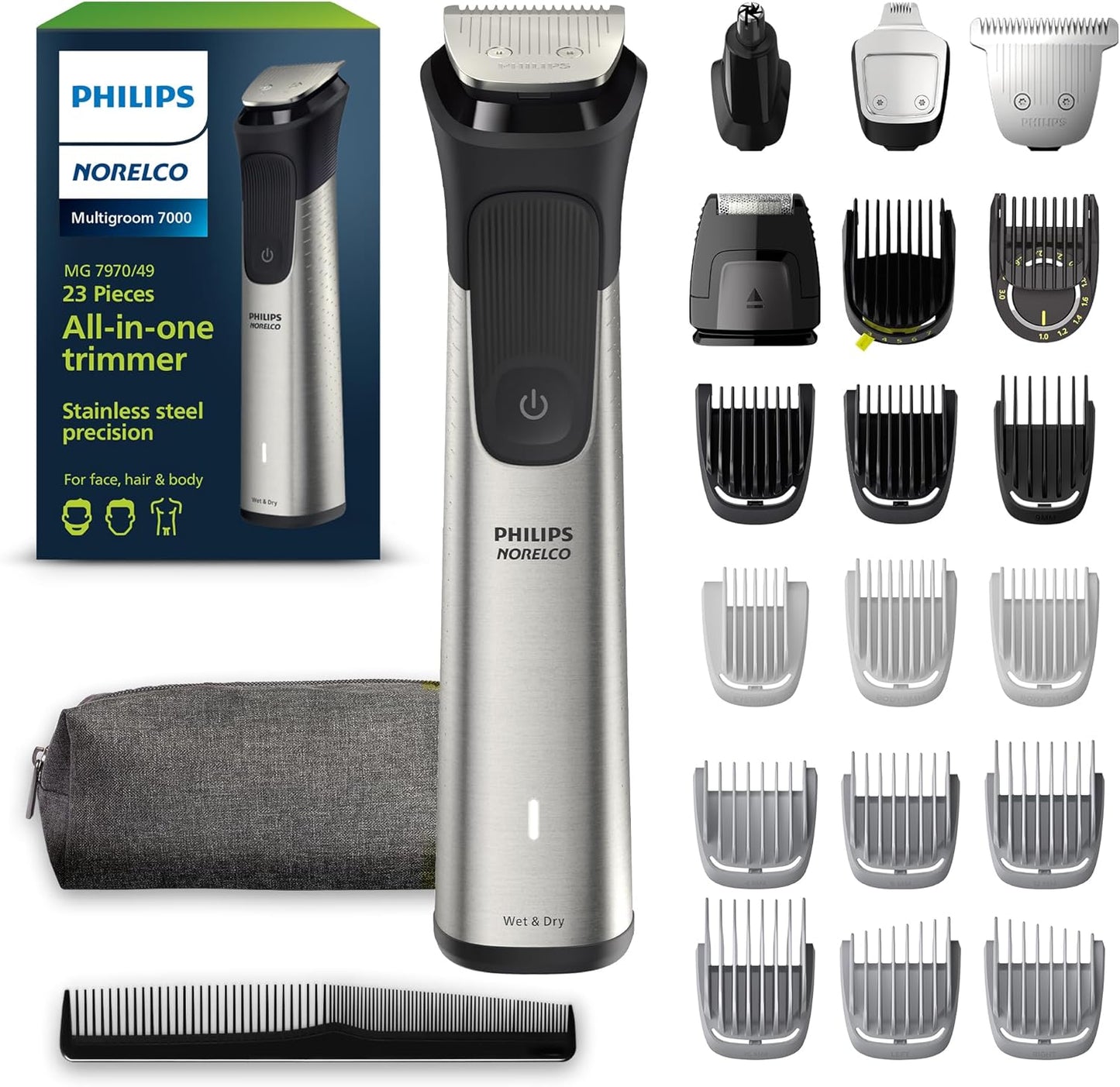 Multigroom 7000 Series, All-In-One Trimmer, Beard Trimmer and Hair Clipper, 19-Piece Men'S Grooming Kit for Beard, Head, Hair, Body, and Face, Soft Pouch, MG7910/49