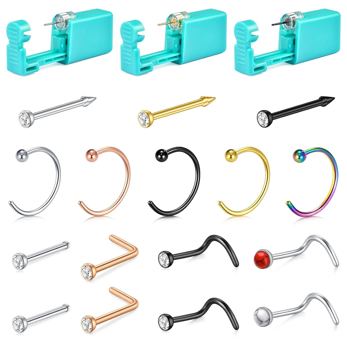 22PCS Nose Piercing Kit, Piercing Needles with 18G 20G CZ Nose Screw Studs Double Nose Rings Hoop Captive Nose Rings Stainless Steel Jewelry for Nose Septum Piercing Needles Kit