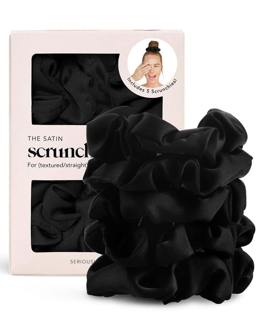 Satin Scrunchies for Women - No Crease Hair Ties for Girls | Scrunchies for All Hair Types and Textures, Perfect for Day or Night - 5 Pcs, Black