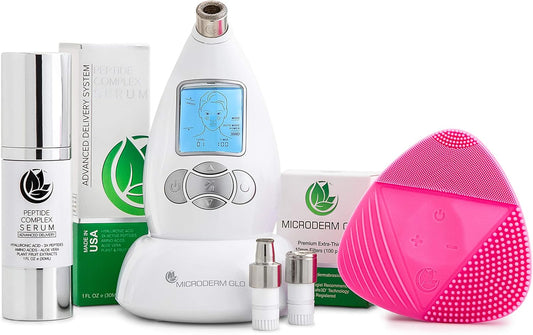 Complete Skincare Package Includes Diamond Microdermabrasion System, Premium, Fine, Massage Tips, 10Mm Filters 100 Pack, Peptide Complex Serum & Sonic Facial Cleansing Brush (White)