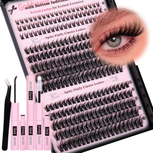 Lash Extension Kit Wispy Lash Clusters Kit Natural C Curl Fluffy Cluster Eyelash Extensions Individual Lashes Kit with Bottom Lash Clusters Waterproof Bond and Seal Tweezers DIY at Home