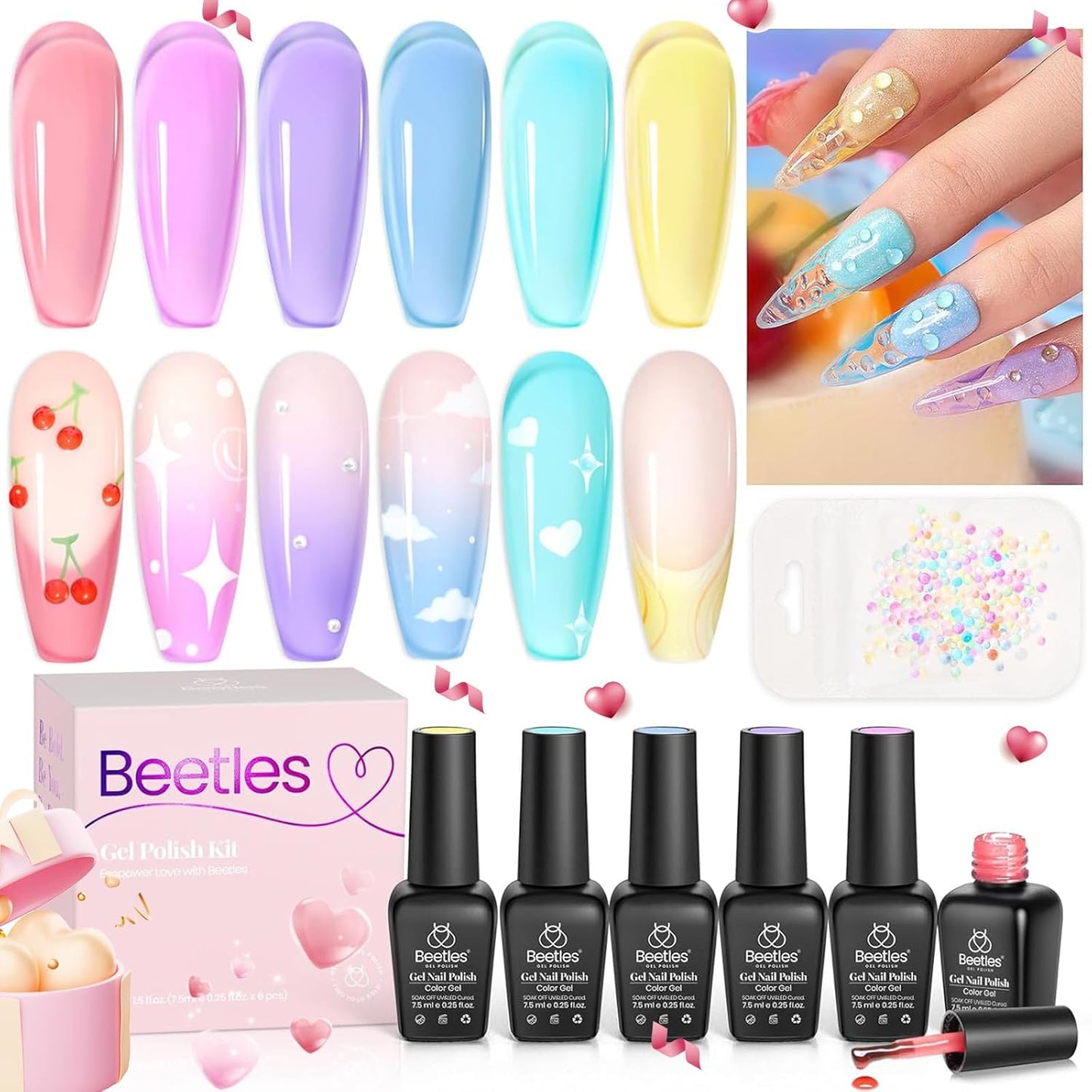 Beetles Nail Stamp 3Pcs Silicone French Tip Nail Stamp Kit with Replacement Nail Stamper Heads and Scrapers Soft Silicone Nail Printing Tool for Home DIY Nail Art Valentine'S Day Gift for Women