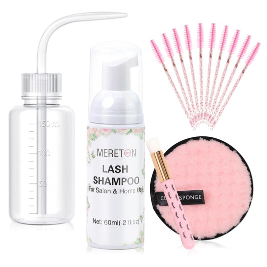 Lash Shampoo Kit for Lash Extensions, Eyelash Extension Cleanser Lash Cleaner Lash Cleaning Kit for Cluster Lashes Lash Bath with Makeup Pad+ Brush+Rinse Bottle, Oil Free Foam