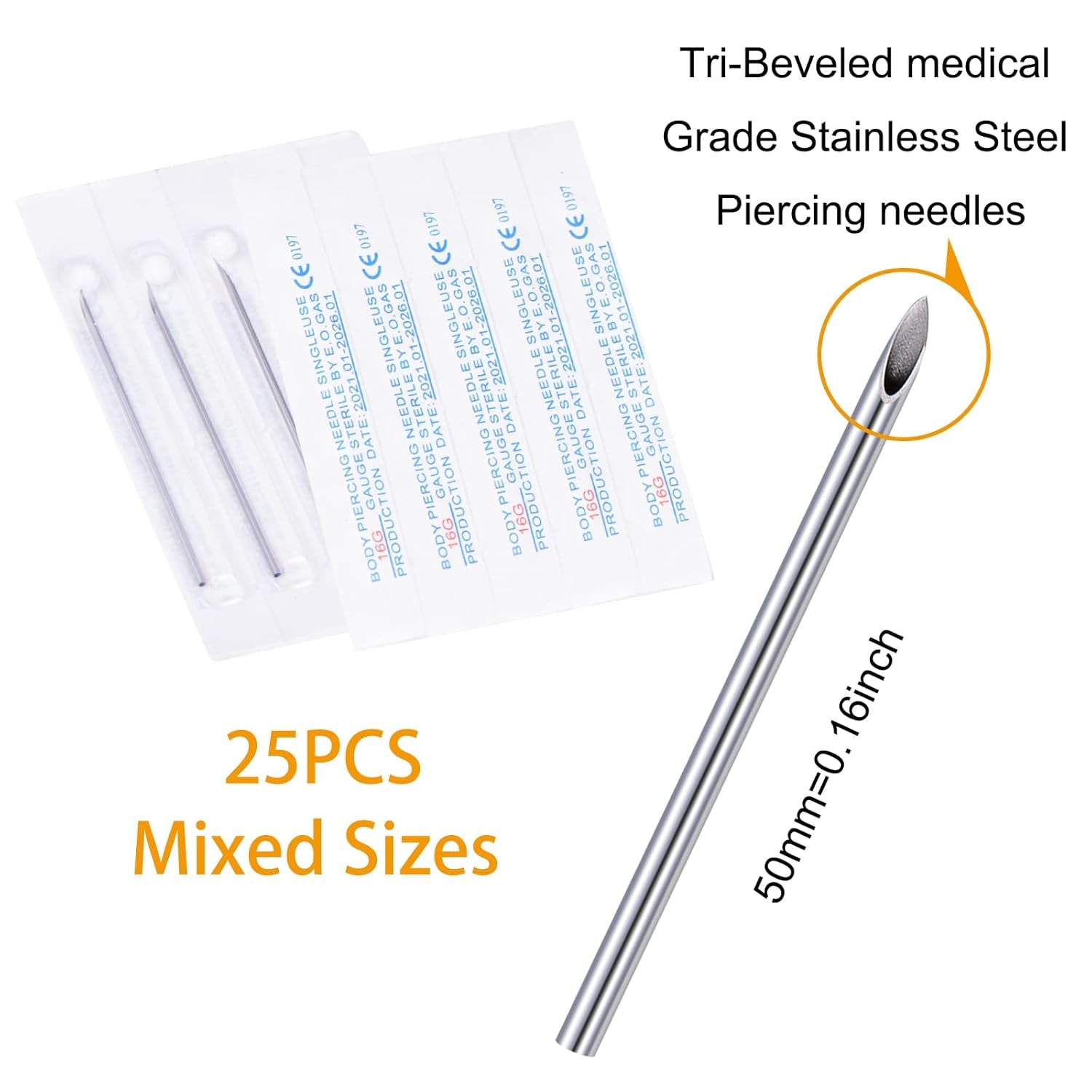 25PCS Mixed Body Piercing Needles, 12G 14G 16G 18G 20G Disposable Sterile Stainless Steel Piercing Needles for Ear Nose Navel Belly Nipple Tongue Lip Piercing