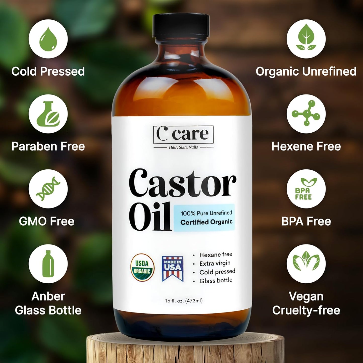 Castor Oil Organic Cold Pressed Unrefined Glass Bottle USDA Certified 100% Pure Organic Castor Oil Hexane Free Extra Virgin for Hair Growth Eyebrows Eyelashes Skin Use with Castor Oil Pack Wrap