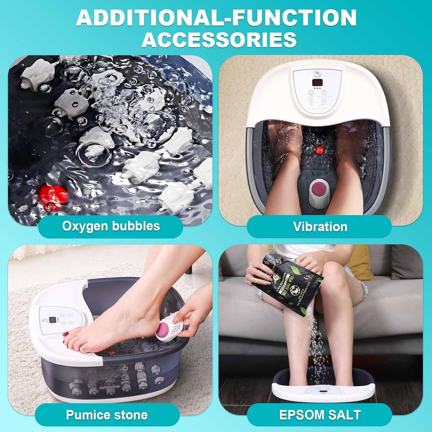 Foot Spa Bath Massager with Heat [2025 Upgraded], Vibration, Temperature Control, Jets, Bubbles, Epsom Salt and Red Light, Foot Soaker with 22 Massage Rollers, Foot Bath for Relaxation, Large, Grey