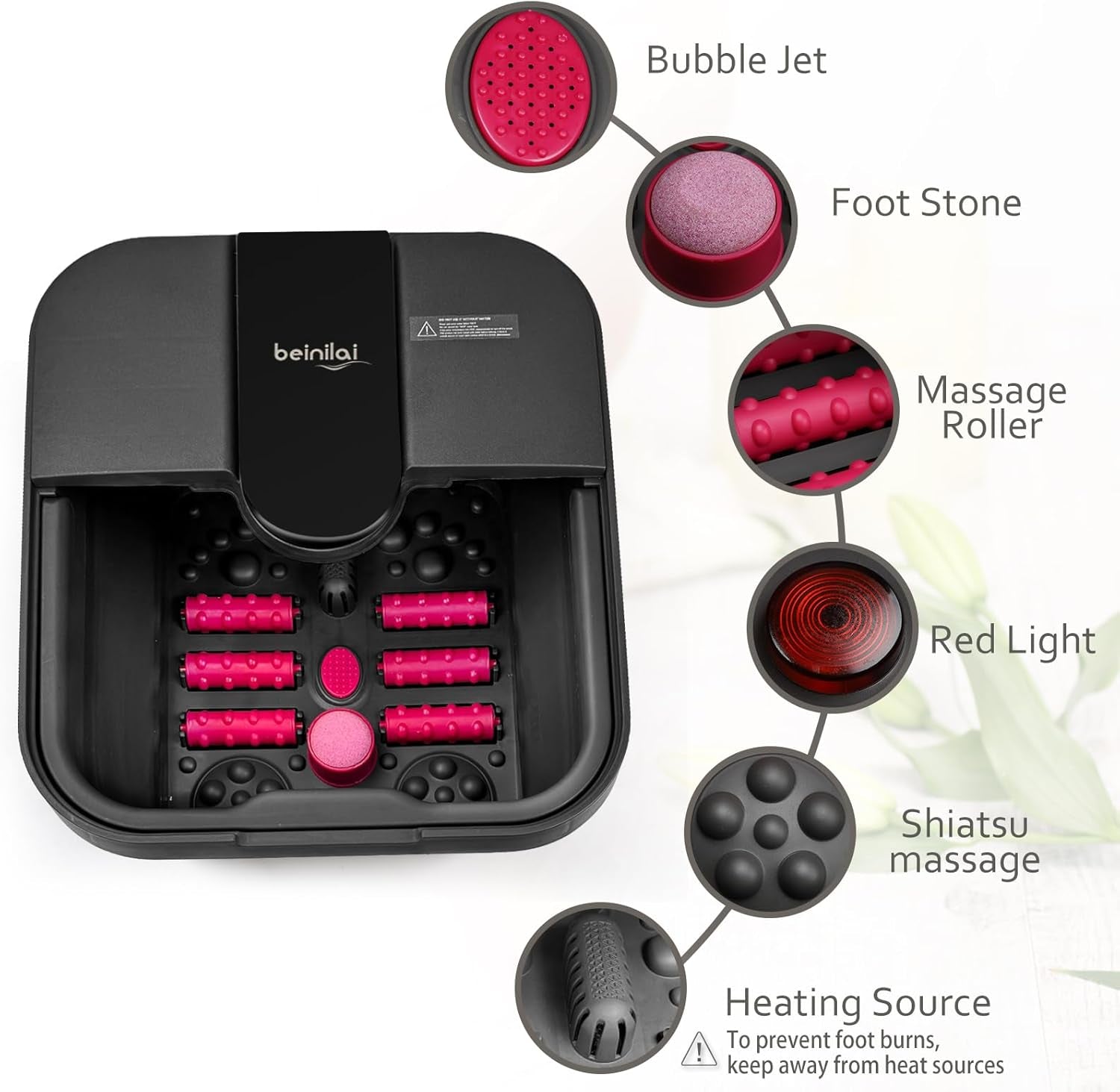 Collapsible Foot Spa,Foot Bath with Heat and Massage and Bubble Jets,Foot Soak Tub with Six Non Motorized Foot Rollers,Acupressure Massage Points,Red Light and Removable Pumice Stone