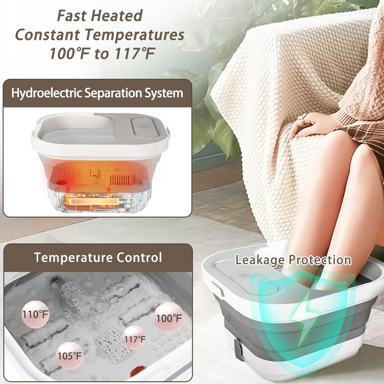 Collapsible Foot Spa Bath with Heat and Massage Rollers, Bubble, Foot Pedicure Kit, Temperature Control, Red Light, Pedicure Foot Spa, Foot Bath