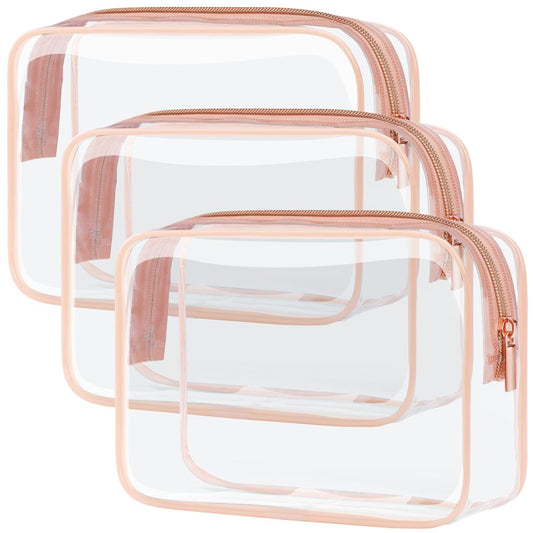 Clear Makeup Bag - TSA Approved Toiletry Bag for Travel Size Toiletries, Travel Clear Toiletry Bag Quart Size Bag, Carry on Airport Airline Compliant Bag, Rose Pink(For Age 12 or Above)