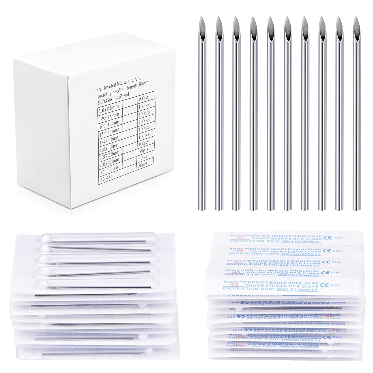 25PCS Mixed Body Piercing Needles, 12G 14G 16G 18G 20G Disposable Sterile Stainless Steel Piercing Needles for Ear Nose Navel Belly Nipple Tongue Lip Piercing