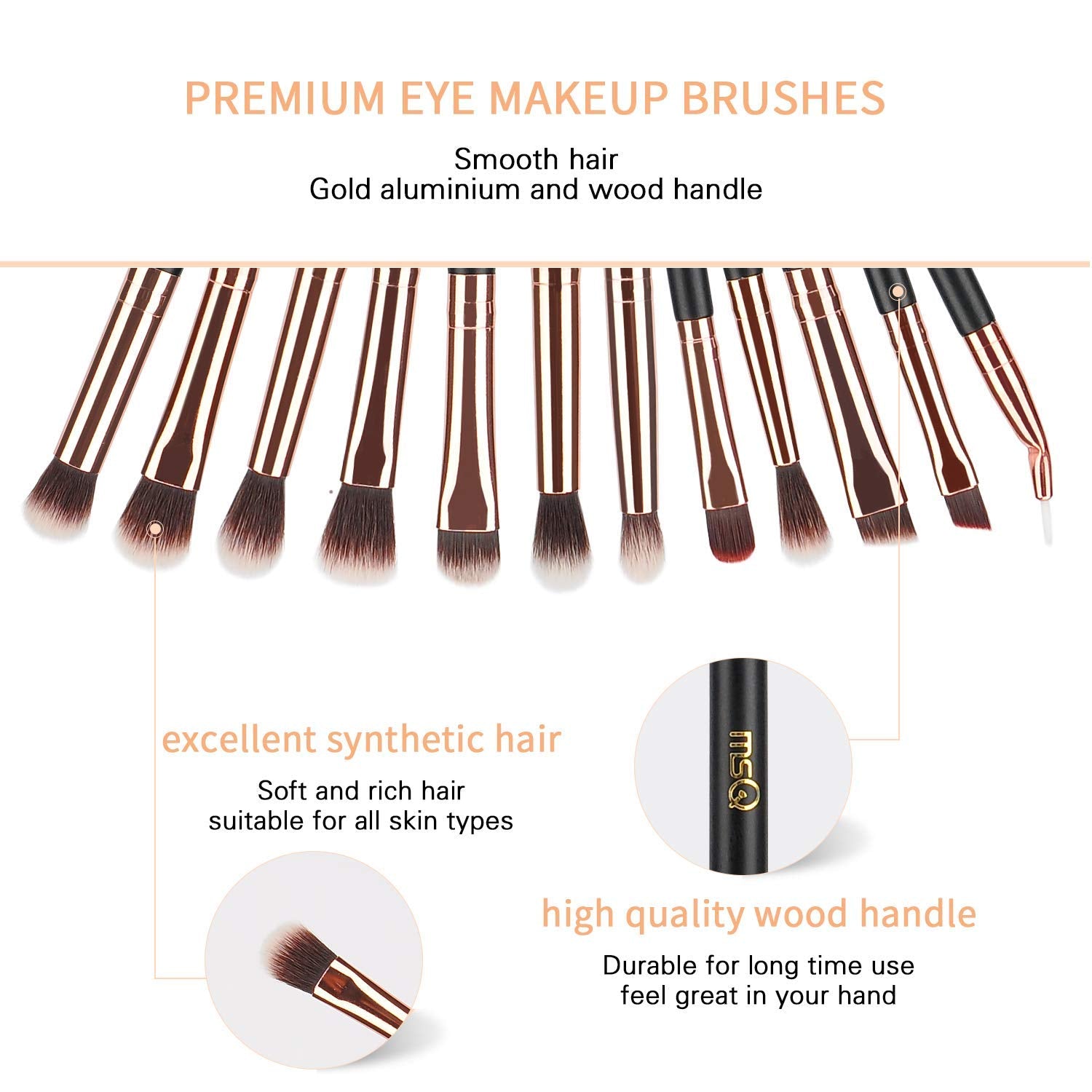 Eye Makeup Brushes 12Pcs Rose Gold Eyeshadow Makeup Brushes Set with Soft Synthetic Hairs & Real Wood Handle for Eyeshadow, Eyebrow, Eyeliner, Blending(Without Bag)