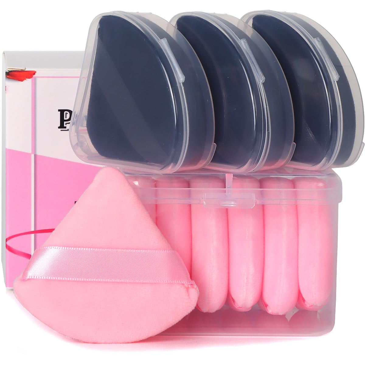 10Pcs Triangle Powder Puffs for Face Powder,Soft Velour Makeup Setting Powder Puff with Case,Black&Pink