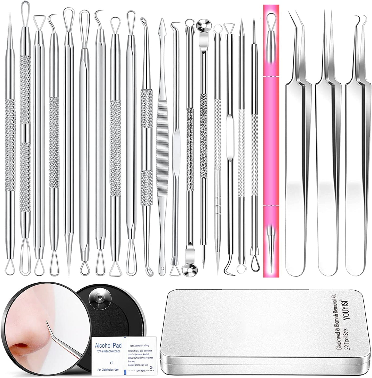 2024 Professional Pimple Popper Tool Kit - 22 PCS Blackhead Remover Tools for Acne and Zit Popping Comedone Extractor with Magnifying Glass and Alcohol Pad