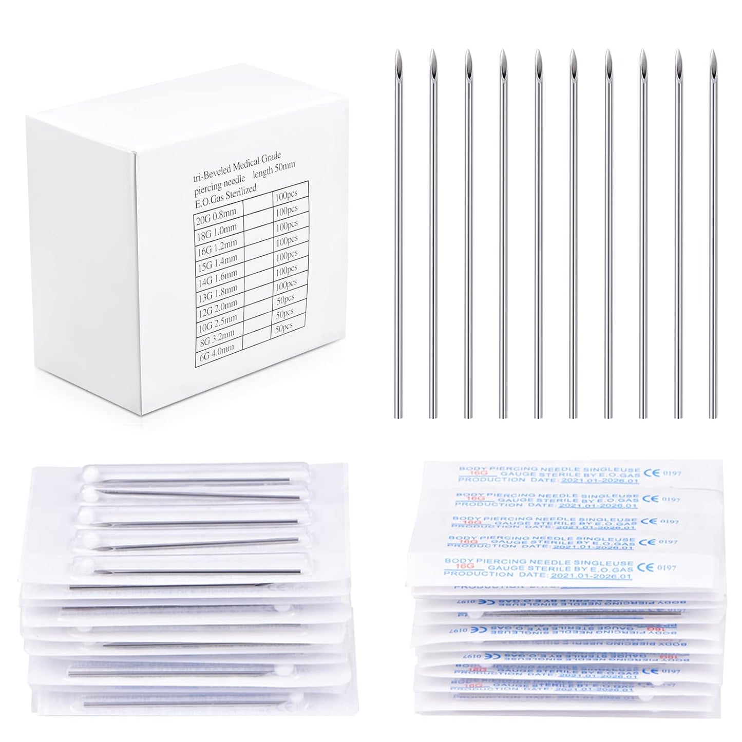 25PCS Mixed Body Piercing Needles, 12G 14G 16G 18G 20G Disposable Sterile Stainless Steel Piercing Needles for Ear Nose Navel Belly Nipple Tongue Lip Piercing