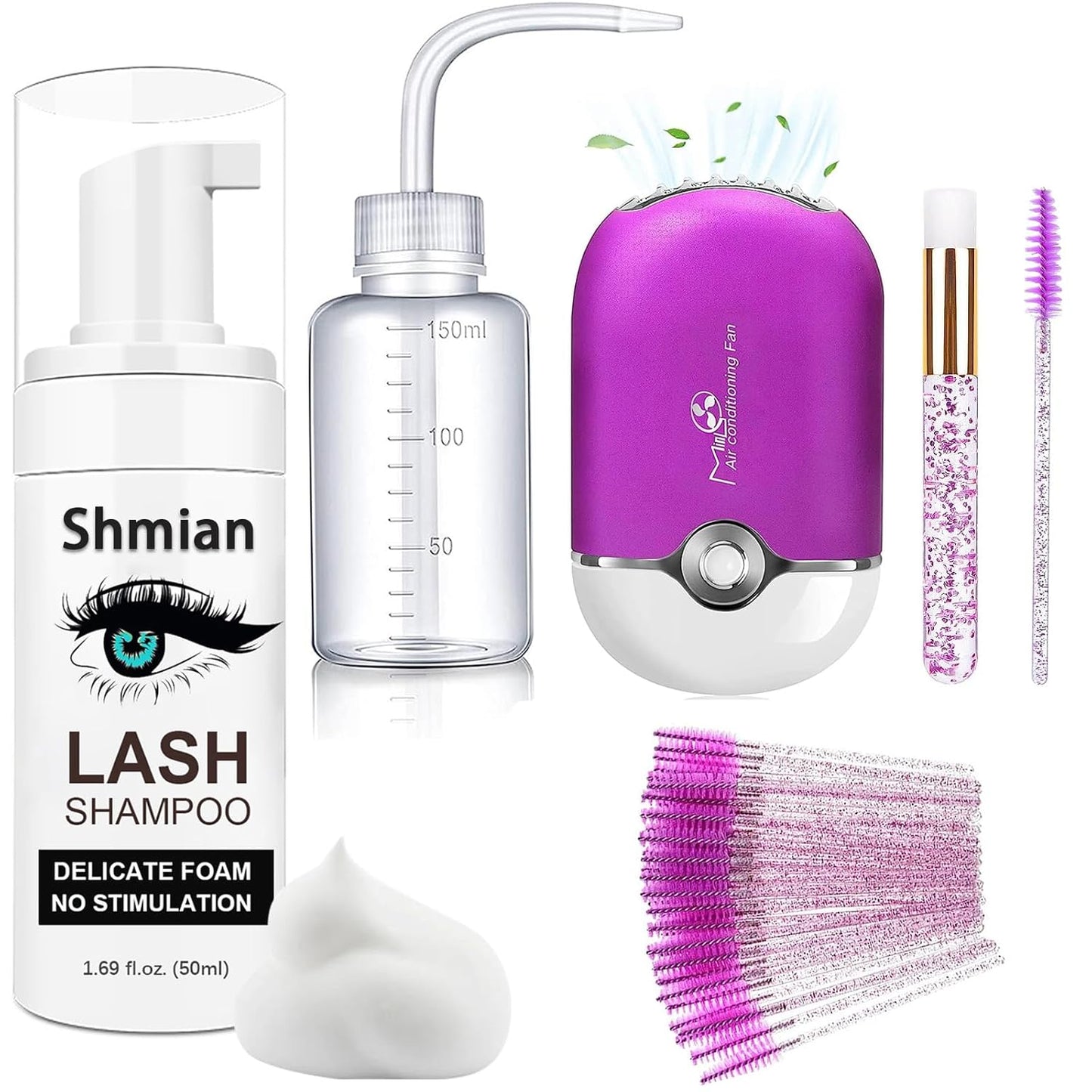 Lash Shampoo for Lash Extensions, Lash Fan with 50Ml Eyelash Foam Cleanser and 50 Pcs Eyelash Brush and Rinse Bottle Oil Free/Sulfate Free Eyelash Wash Remover for Eyelash Extension Wash, Black