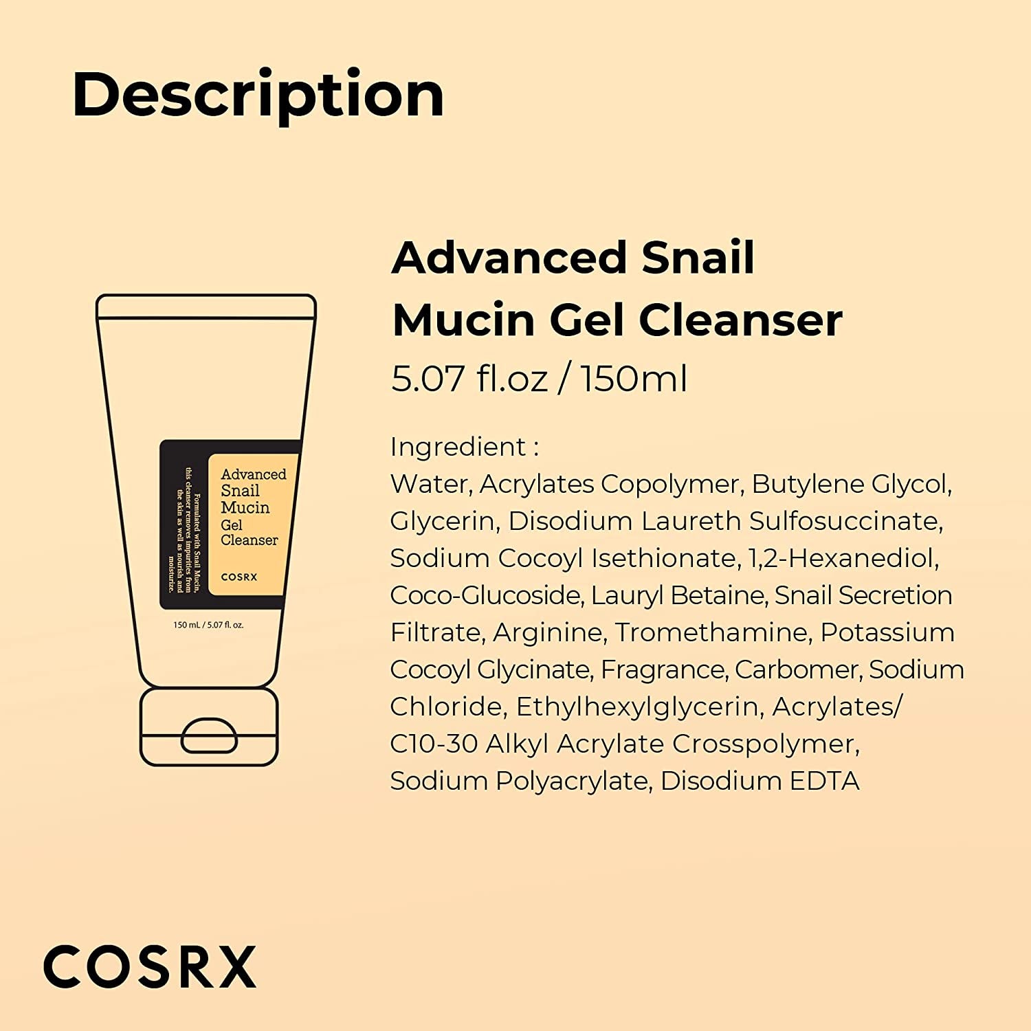 Advanced Snail Mucin Gel Cleanser, 5.07 Fl Oz / 150 Ml, Rich Daily Deep Cleansing Gel for Dry & Sensitive Skin, Korean Skin Care, Not Tested on Animals, No Parabens