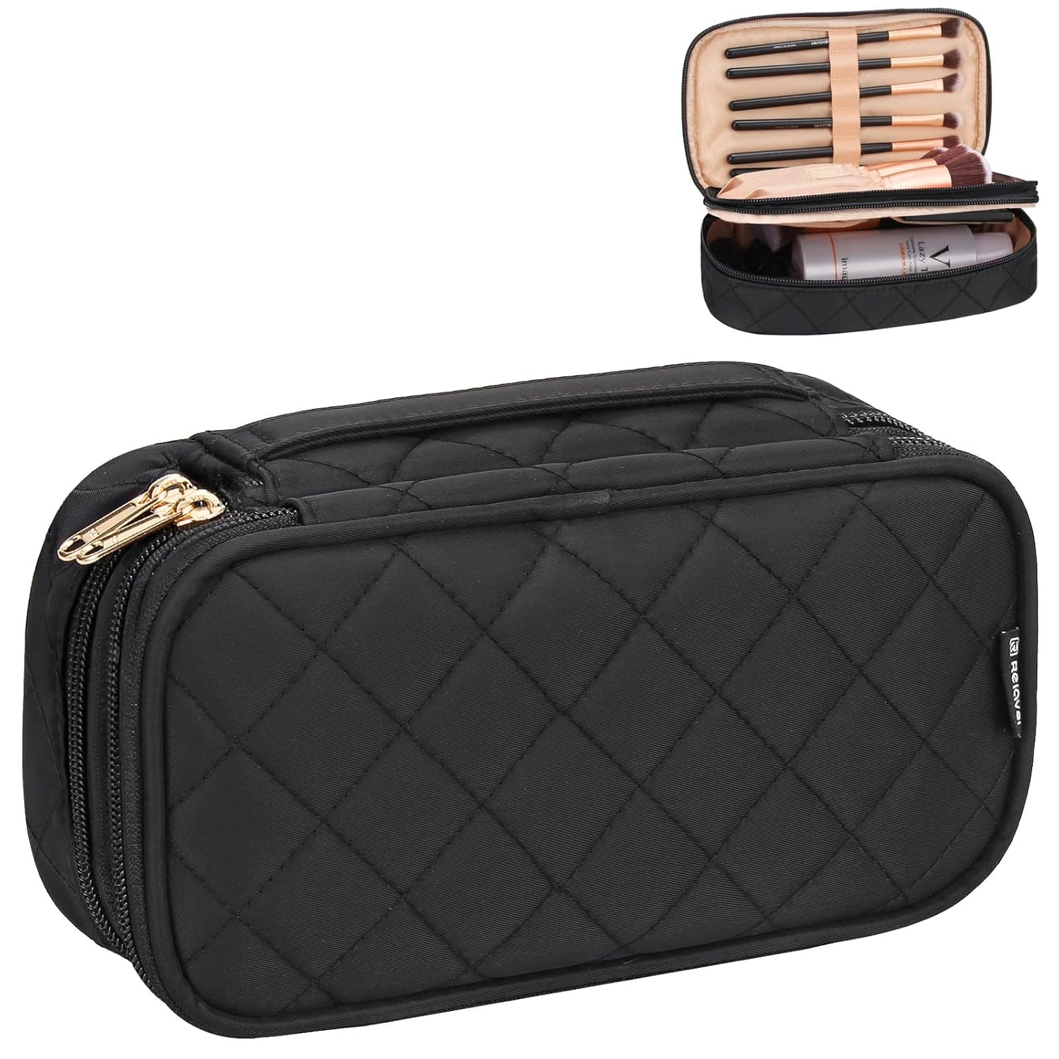 Makeup Bag, Small Makeup Bag for Women, Travel Cosmetic Bag, 2 Layers Waterproof Makeup Organizer Storage with Makeup Brush Holder, Black