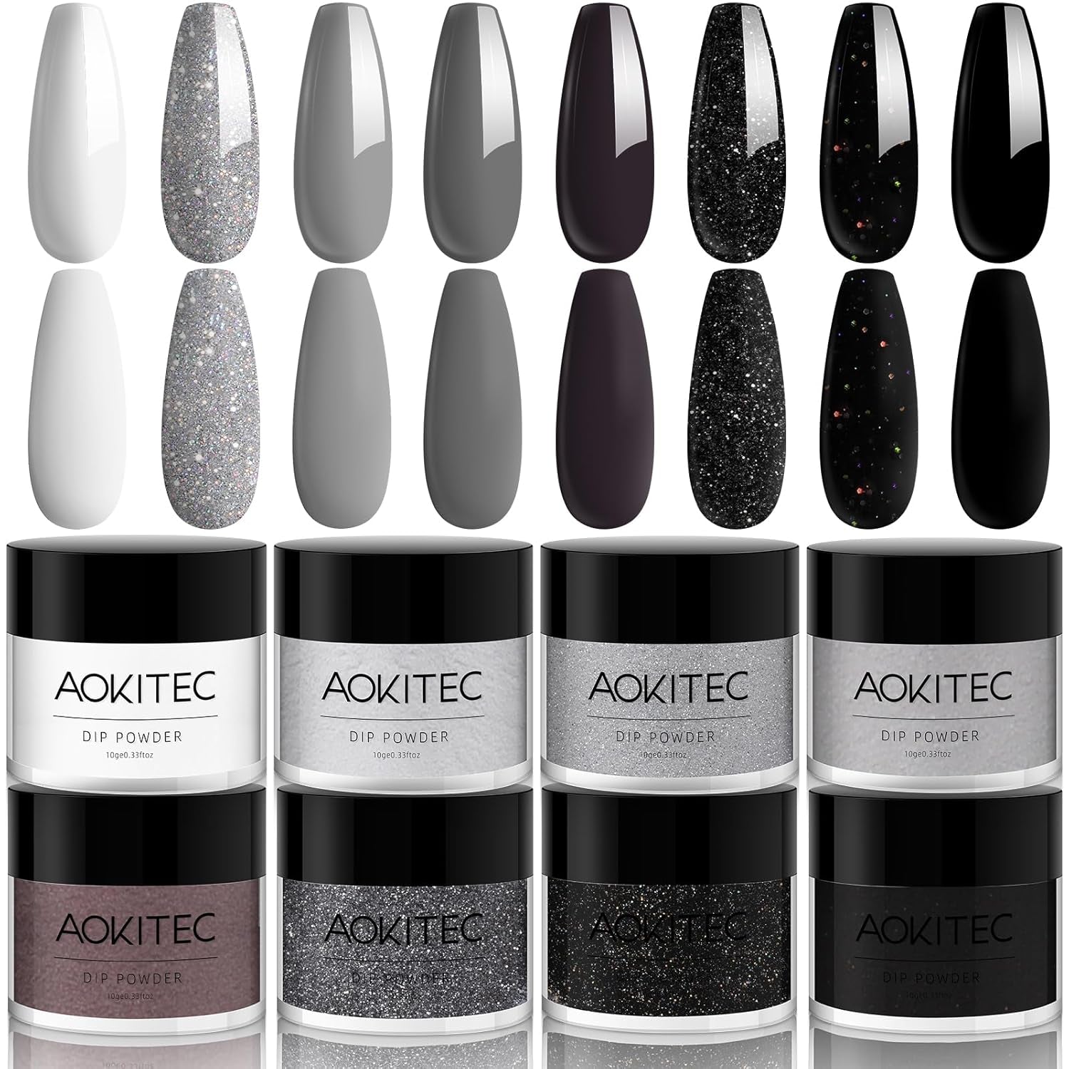 8 Colors Dip Powder Nail Set, Gray Classic White Black Collection Glitter Pastel Dipping Powder Manicure Starter Kit Nails French Nail Art Salon Home DIY Ideal Gifts for Women