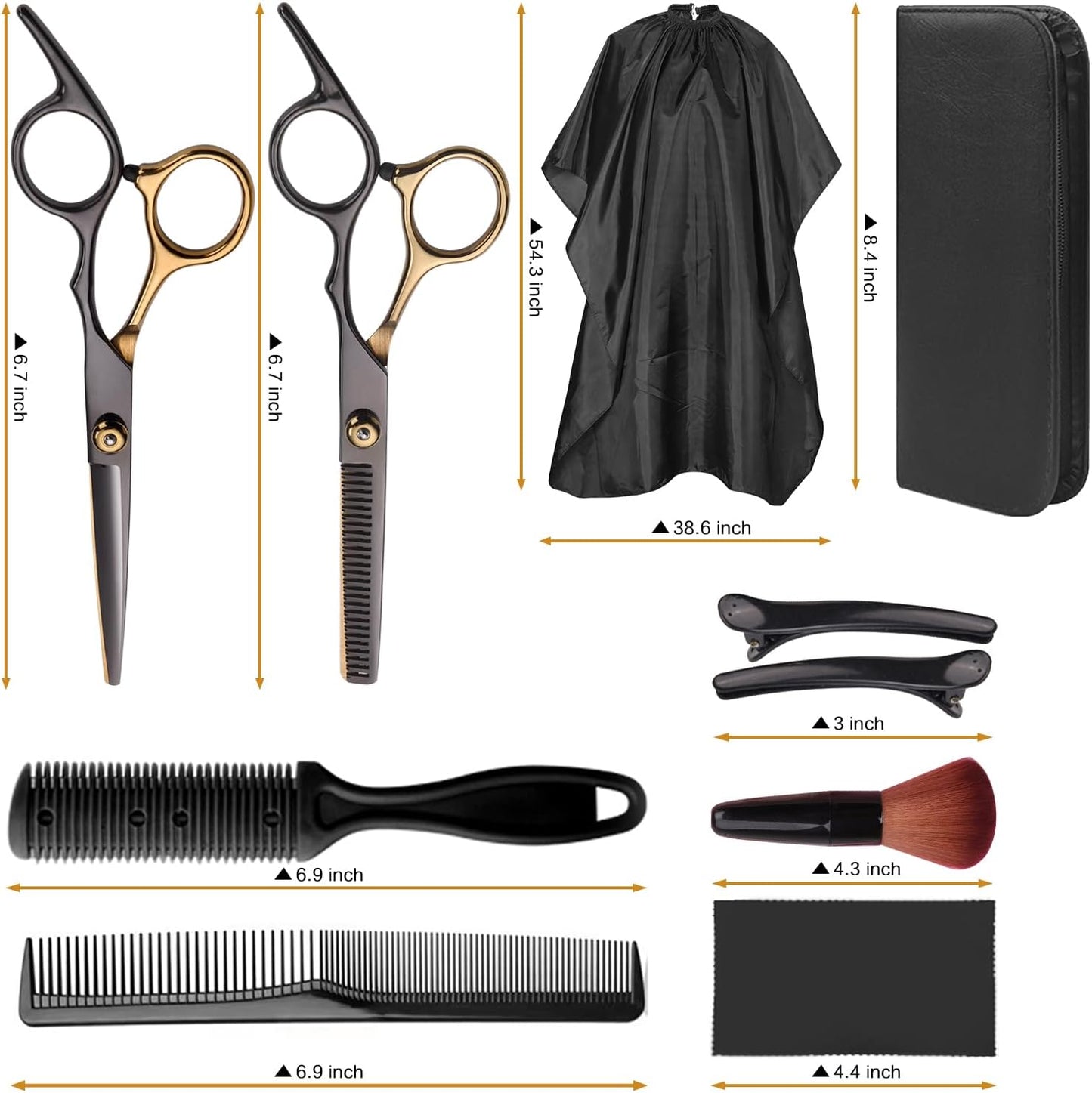 Hair Cutting Scissors Kit, Hair Scissors Professional Haircut Scissors with Stainless Steel Hair Shears, Thinning Shears, Haircut Accessories in Leather Case for Salon/Home- 10PCS Gold Black