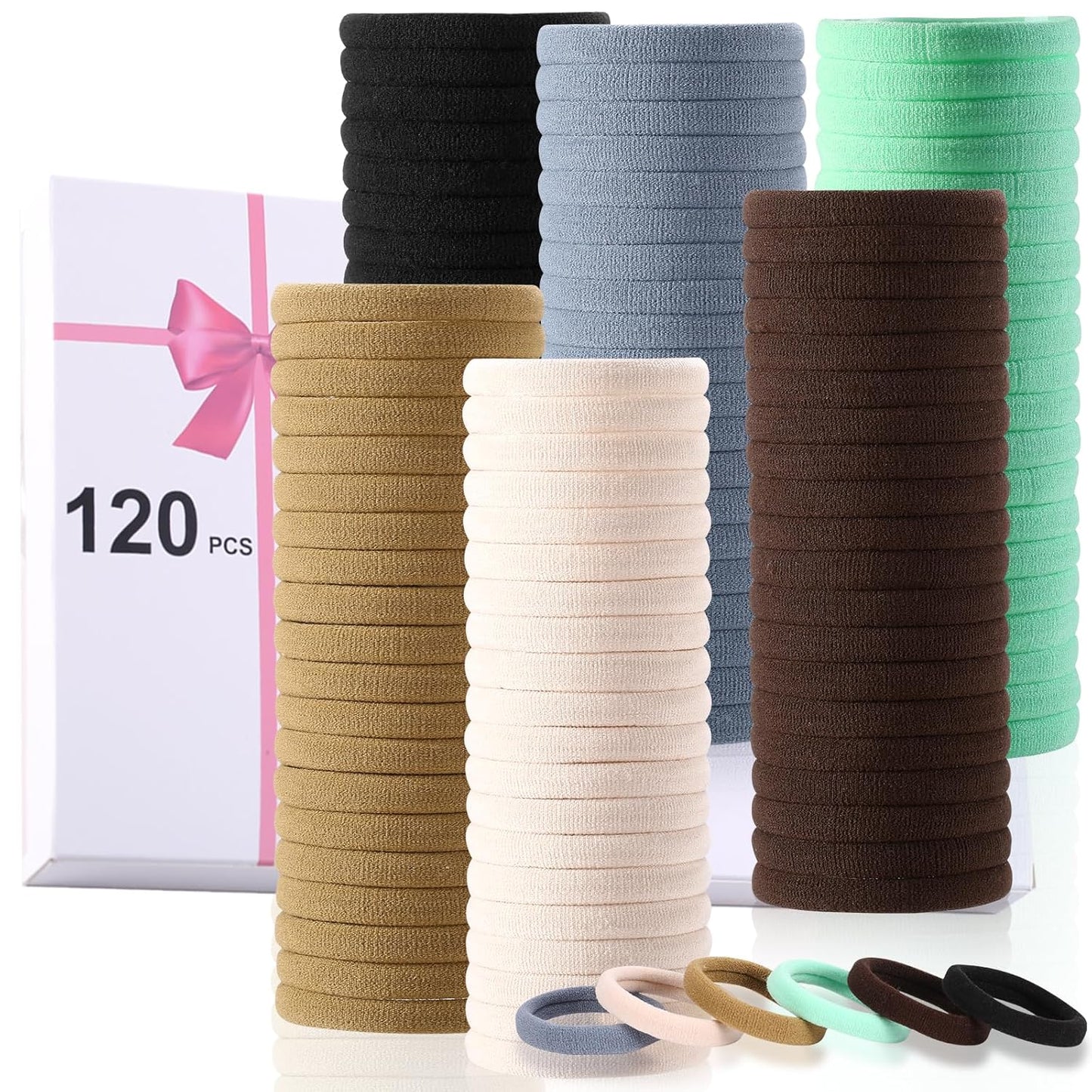 120 Pcs Black No Damage Hair Ties for Women Thick Hair, Large Soft Seamless Nylon Cloth Fabric Elastic Hair Ties Ponytail Holders Hair Elastics Hair Band,Perfect Valentine'S Day Gift for Women