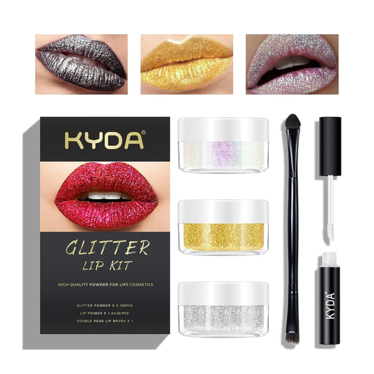 3 Colors Glitter Lip Kit, Diamond Metllic High Pigmented Powder for Lips Cosmetics, Glitter Lips Makeup,With Lip Primer and Brush, Long Wear-Set D