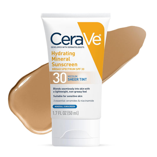 Hydrating Mineral Sunscreen SPF 30 with Sheer Tint, Tinted Mineral Sunscreen with Zinc Oxide & Titanium Dioxide, Blends Seamlessly for Healthy Glow, Medium, 1.7 Fluid Ounce