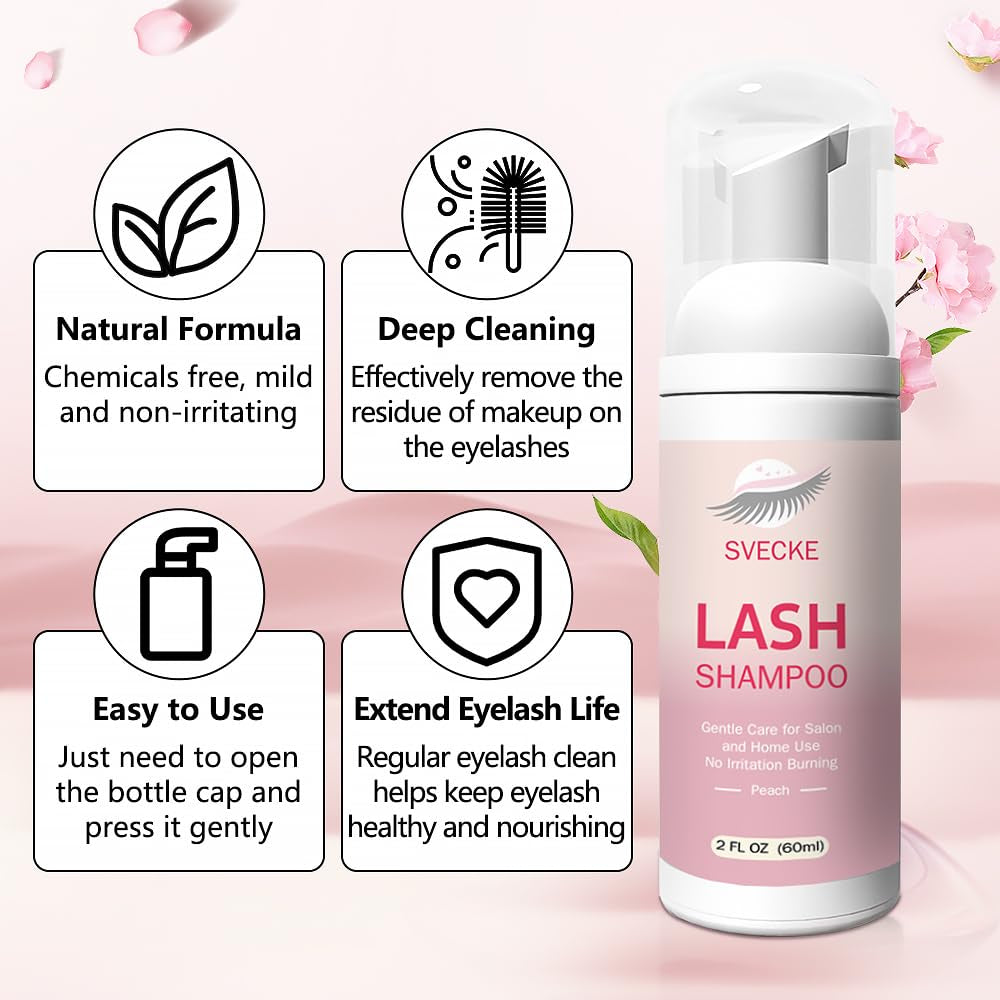 Lash Shampoo Kit for Eyelash Extension, Eyelash Shampoo 2 Fl.Oz / 60Ml, Eyelash Extension Cleanser, Lash Eyelid Foam Cleaning Kit for Salon Use and Home Use (Peach)