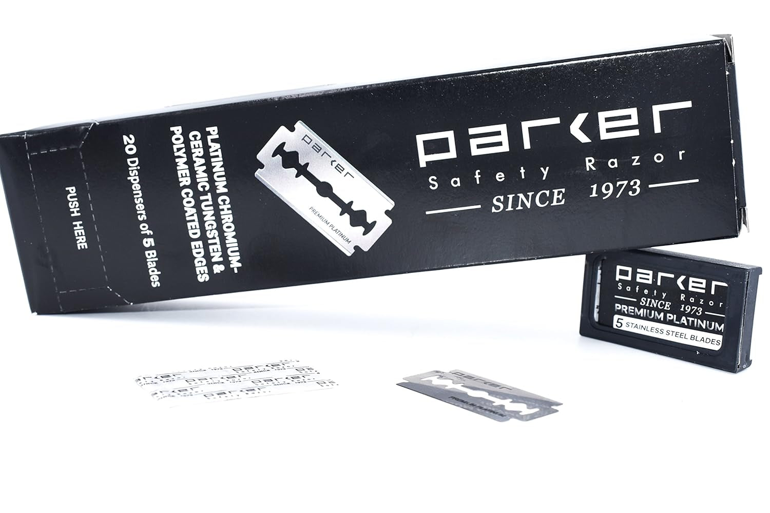 Parker 100 Count, Parker Double Edge Safety Razor Blades, Premium Platinum Stainless Steel Razor Blades with PTFE, Tungsten and Chromium Coated Edges for Smooth, and Comfortable Shaves