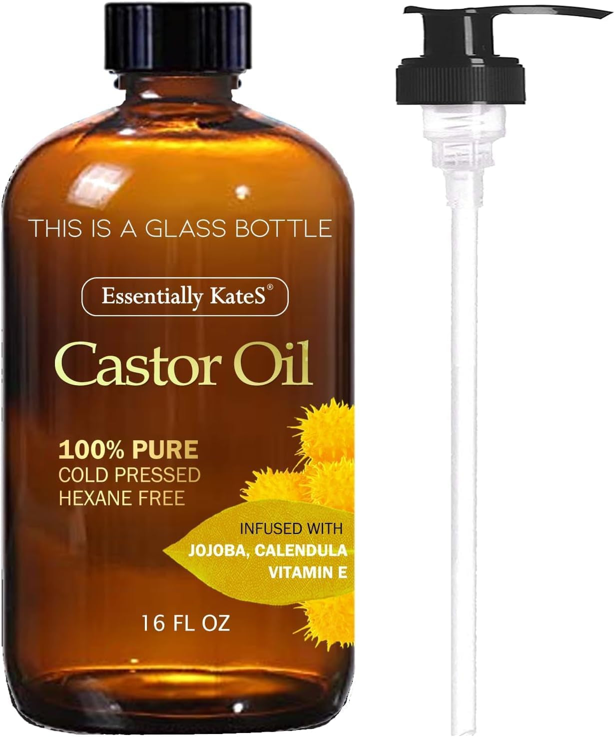 Castor Oil 16 Fl Oz (Glass Bottle) - Original Unrefined - a Huge Glass Bottle with a Pump - 100% Pure and Natural, Cold Pressed, and Hexane-Free - Hair Oil, Body Oil