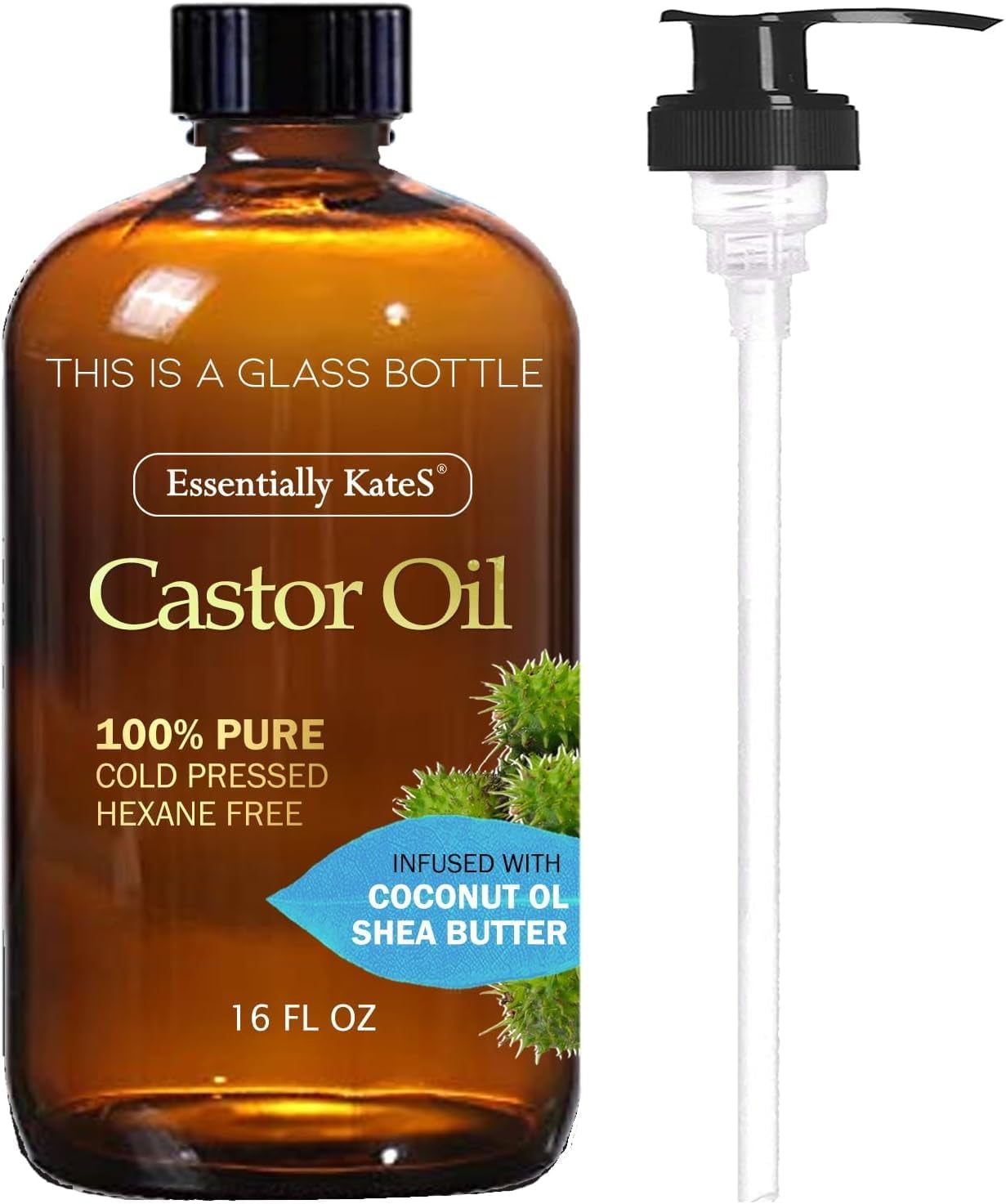 Castor Oil 16 Fl Oz (Glass Bottle) - Original Unrefined - a Huge Glass Bottle with a Pump - 100% Pure and Natural, Cold Pressed, and Hexane-Free - Hair Oil, Body Oil