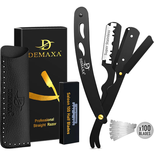 100 Straight Razor Blades with  Shavette Straight Razors for Men - Navajas Para Barbero Professional Barber Razor Blade for Close Shaving with Soft Pouch - Straight Edge Razors for Men