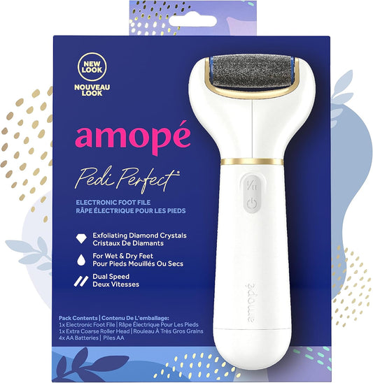 Amopé Pedi Perfect Electric Callus Remover Foot File W/ Diamond Crystals, Pedicure Tool for Feet, Removes Hard & Dead Skin, Feet Scrubber & Buffer, Splashproof, W/ Extra Coarse Roller Head, 1 Count