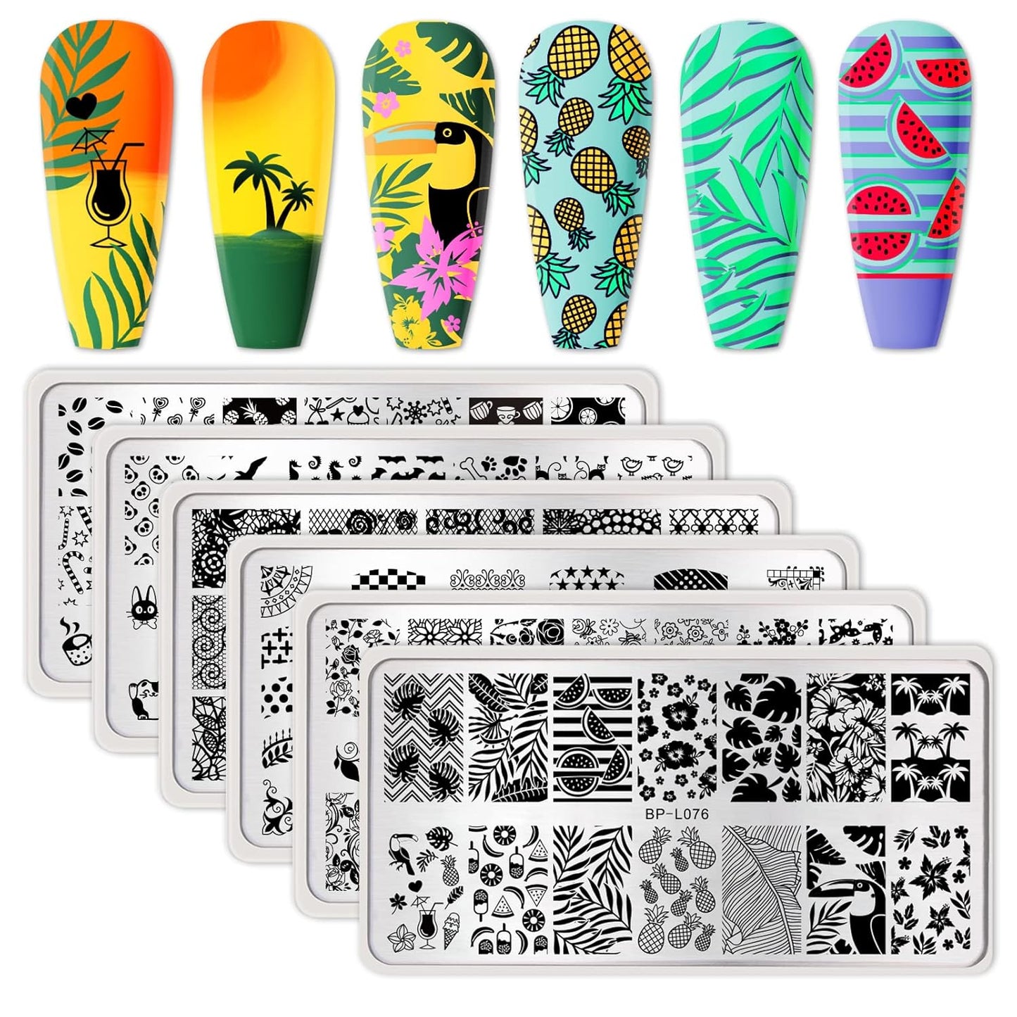 Nail Stamping Plates Set Plaid Flowers Leaves Lace Nail Art Image Plates Spring into Winter Stamp Templates Kit Image Manicuring DIY Printing Tools 8PCS