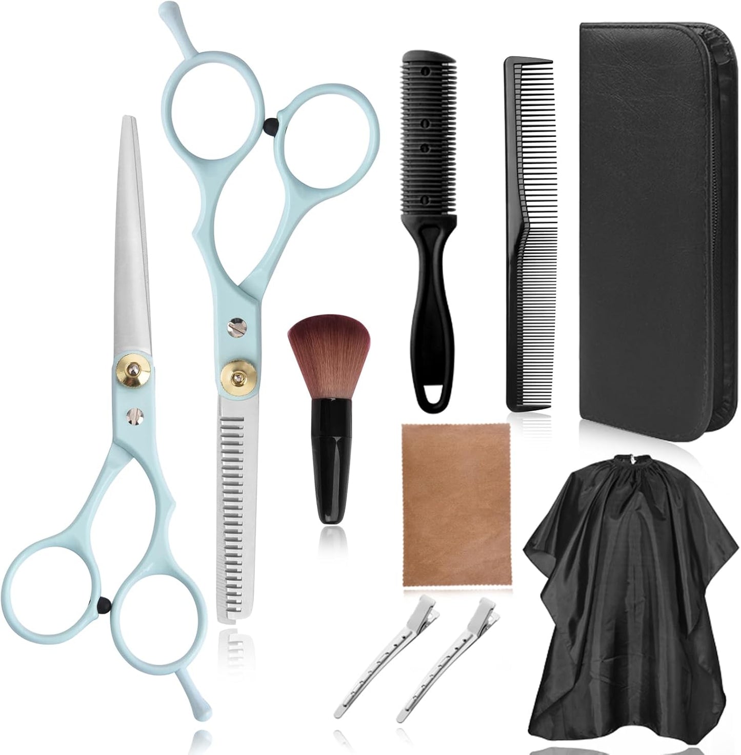 Hair Cutting Scissors Kit, Hair Scissors Professional Haircut Scissors with Stainless Steel Hair Shears, Thinning Shears, Haircut Accessories in Leather Case for Salon/Home- 10PCS Gold Black