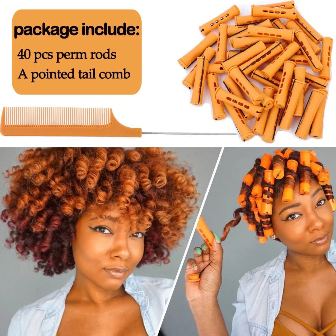 40Pcs Cold Wave Perm Rods Set for Women'S Long & Short Natural Hair - Plastic Orange Rollers for Curling and DIY Hairdressing