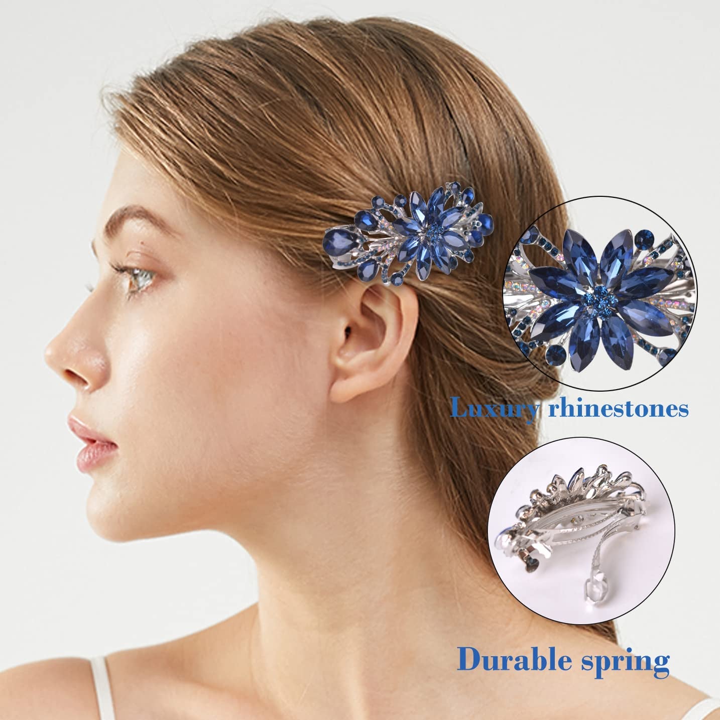 Flower Luxury Jewelry Design Hairpin Rhinestone Hair Barrette Clip,Also Perfect Mother'S Day Gifts for Mom(Dark Blue)