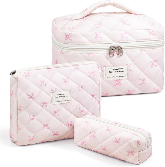 3 Piece Cute Pink Bow Quilted Makeup Bag Set, Large Capacity Travel Makeup Bags for Women and Girls, Includes Small, Medium, and Extra Large Aesthetic Makeup&Cosmetic Bags