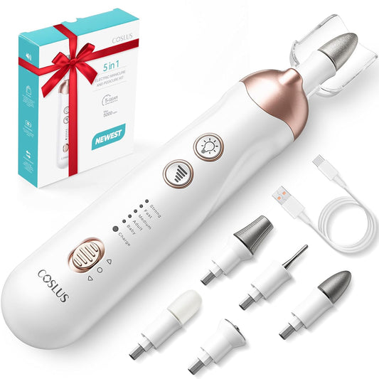 Professional Manicure Pedicure Kit: 5 in 1 Electric Nail File Set Toenail Grinder, 5 Speed Cordless Nail Drill for Thick Nail Toenail Cuticle, Hand Feet Trimmer Buffer for Women Men Baby Pets