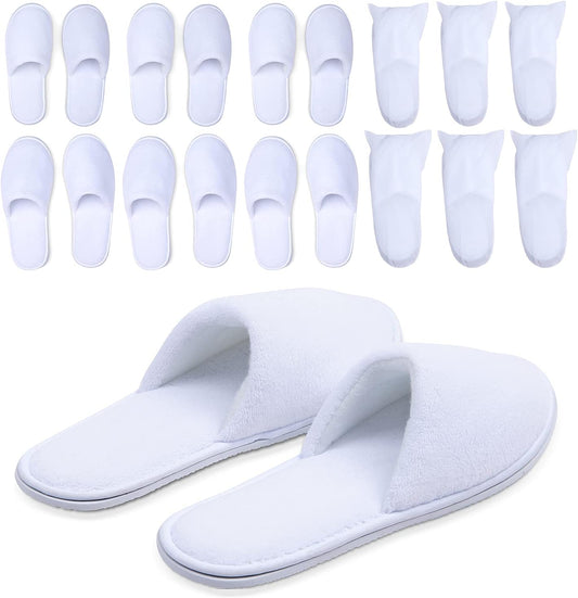 Spa Slippers, Disposable Slippers for Guests Bulk of 6 Pairs - Non-Slip Closed-Toe Premium White Spa Slippers Bulk with Travel Bags - Coral Fleece Hotel Slippers for Women and Men